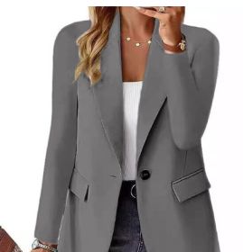 Polyester Autumn Long Sleeve Solid Color Cardigan Small Suit Jacket For Women (Option: Grey-M)