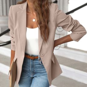 Polyester Autumn Long Sleeve Solid Color Cardigan Small Suit Jacket For Women (Option: Khaki color-M)