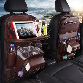 PU Leather Car Storage Bag Multifunction Seat Back Tray Hanging Bag Waterproof Car Organizer Automotive Interior Accessories (Color: Coffee)