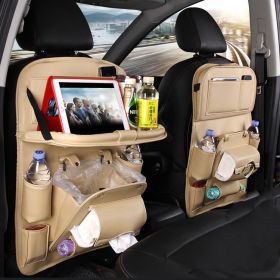 PU Leather Car Storage Bag Multifunction Seat Back Tray Hanging Bag Waterproof Car Organizer Automotive Interior Accessories (Color: Beige)