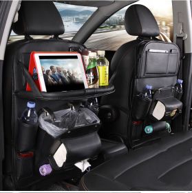 PU Leather Car Storage Bag Multifunction Seat Back Tray Hanging Bag Waterproof Car Organizer Automotive Interior Accessories (Color: Black)