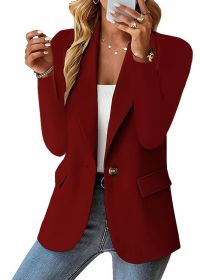 Polyester Autumn Long Sleeve Solid Color Cardigan Small Suit Jacket For Women (Option: Wine Red-3XL)