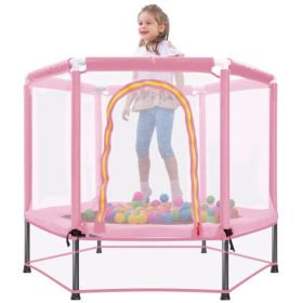 55'' Toddlers Trampoline With Safety Enclosure Net And Balls, Indoor Outdoor Mini Trampoline For Kids (Color: Pink)