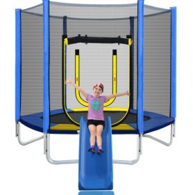 7FT Trampoline For Kids With Safety Enclosure Net, Slide And Ladder, Easy Assembly Round Outdoor Recreational Trampoline (Color: Blue)