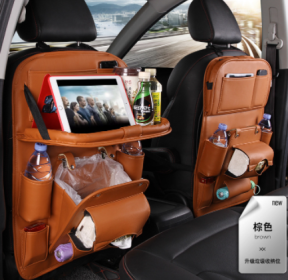 PU Leather Car Storage Bag Multifunction Seat Back Tray Hanging Bag Waterproof Car Organizer Automotive Interior Accessories (Color: Brown)